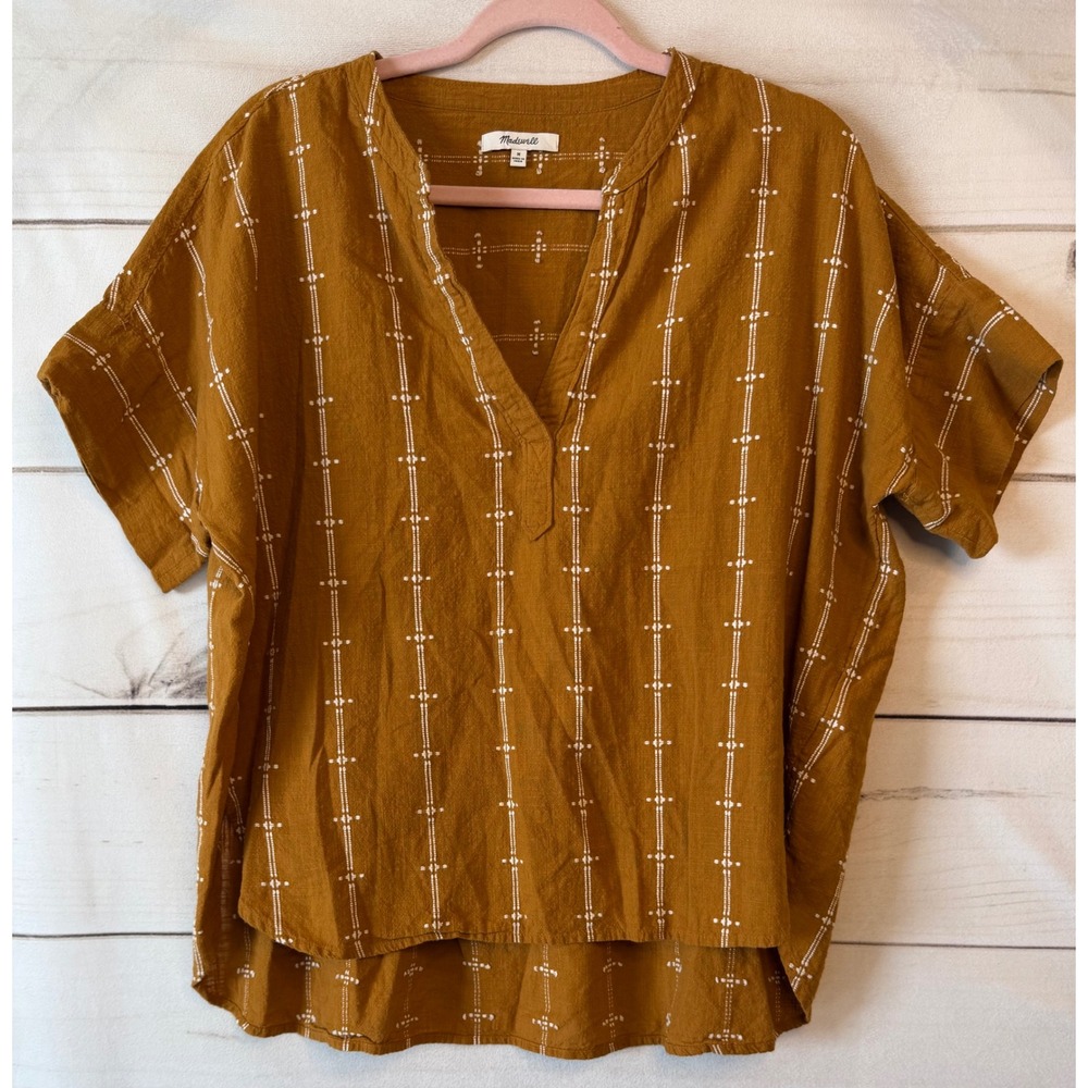 Madewell Mustard Yellow Embroidered Courier Button Back Top V-Neck Cotton M
